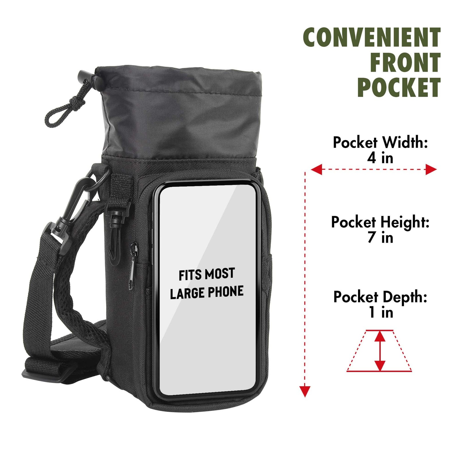 Ozark Trail 32-40 fl oz Water Sling Black Shoulder Strap Front Zipper Pocket
