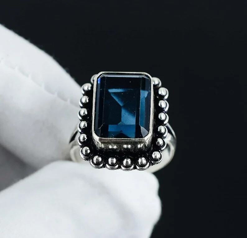 Blue Onyx Solid 925 Sterling Silver Statement Handmade Women Ring All Size M1052