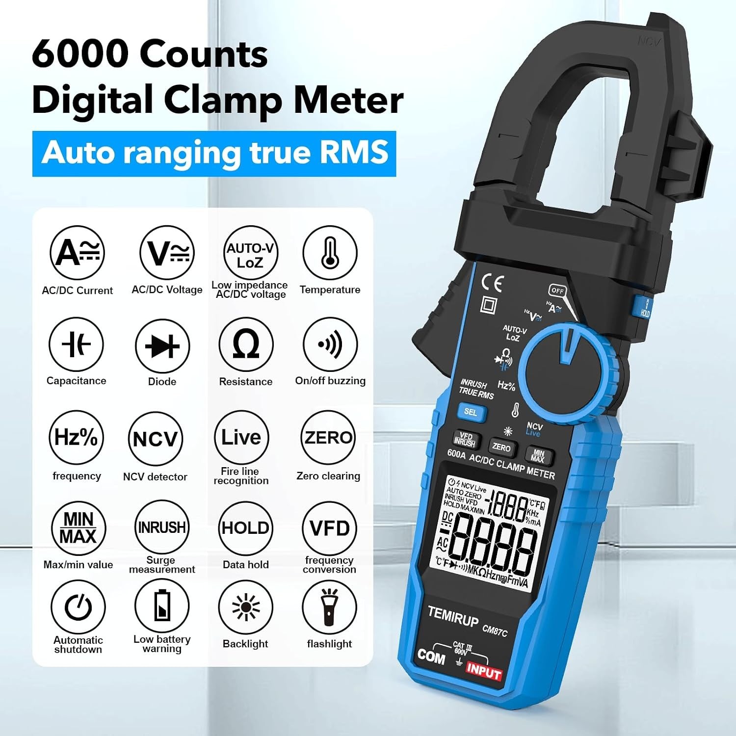 Digital Inrush Clamp Meter Multimeter, T-RMS 6000 Counts 600A Current Amp Vol...