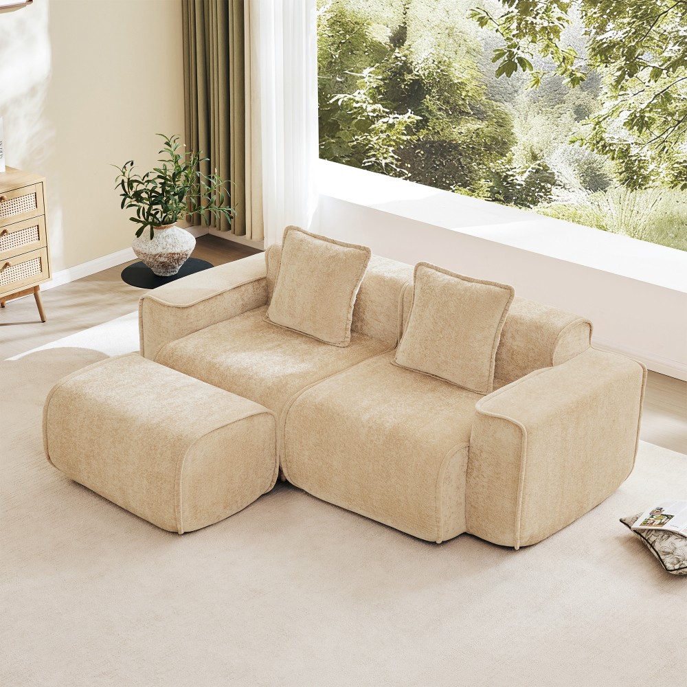 Modular 2-Seat L-Shape Sectional Sofa w/ Ottoman, Velvet Light Camel