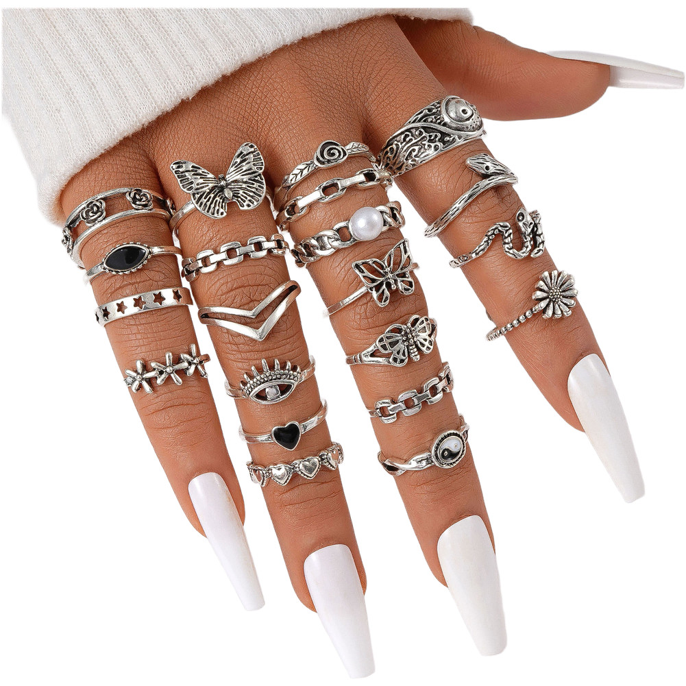 Vintage Butterfly Heart Geometric Flower Snake Eye Rings Silver Alloy 21 Pieces