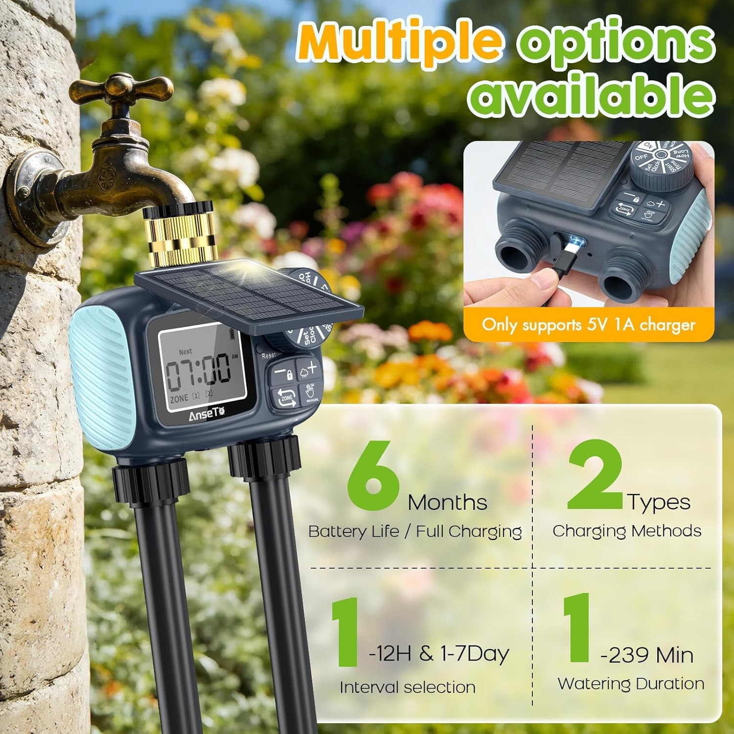 2 Outlet Solar Sprinkler Timer,Brass Inlet Hose Timer Garden Hose,Programmable
