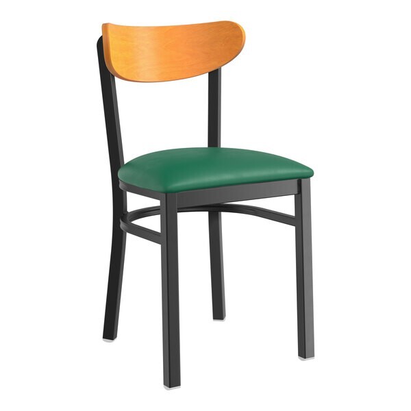 Boomerang Back Metal Dining Chairs with Green Vinyl Seat and Cherry Wood Back