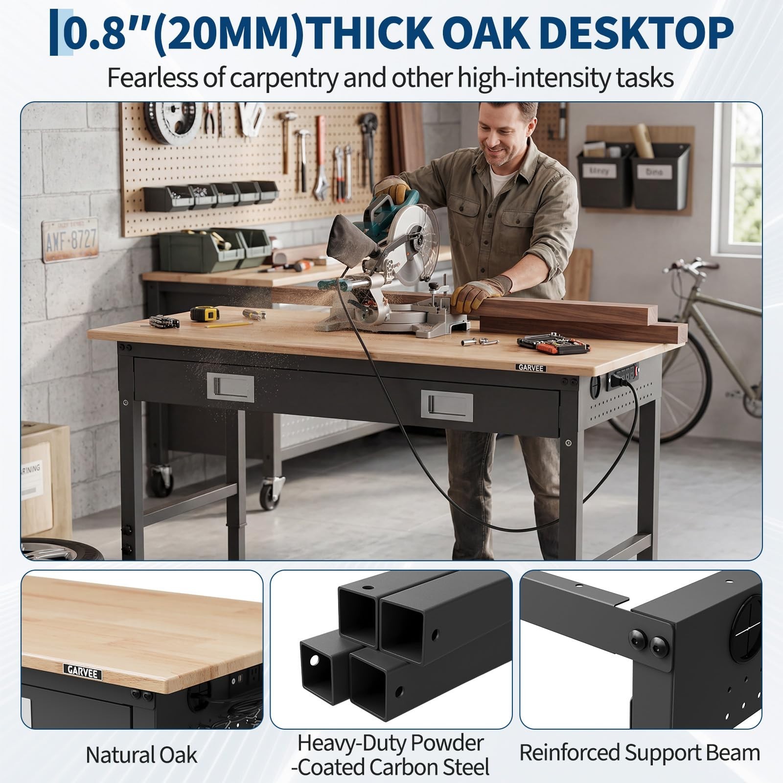 48" Adjustable Workbench, Workbench Heavy-Duty Work Table w/Power Outlets&Wheels