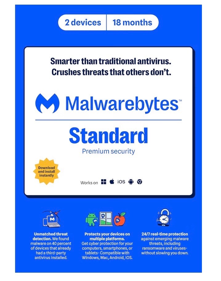 Malwarebytes Standard, Premium Software 2 Devices, 18 Month