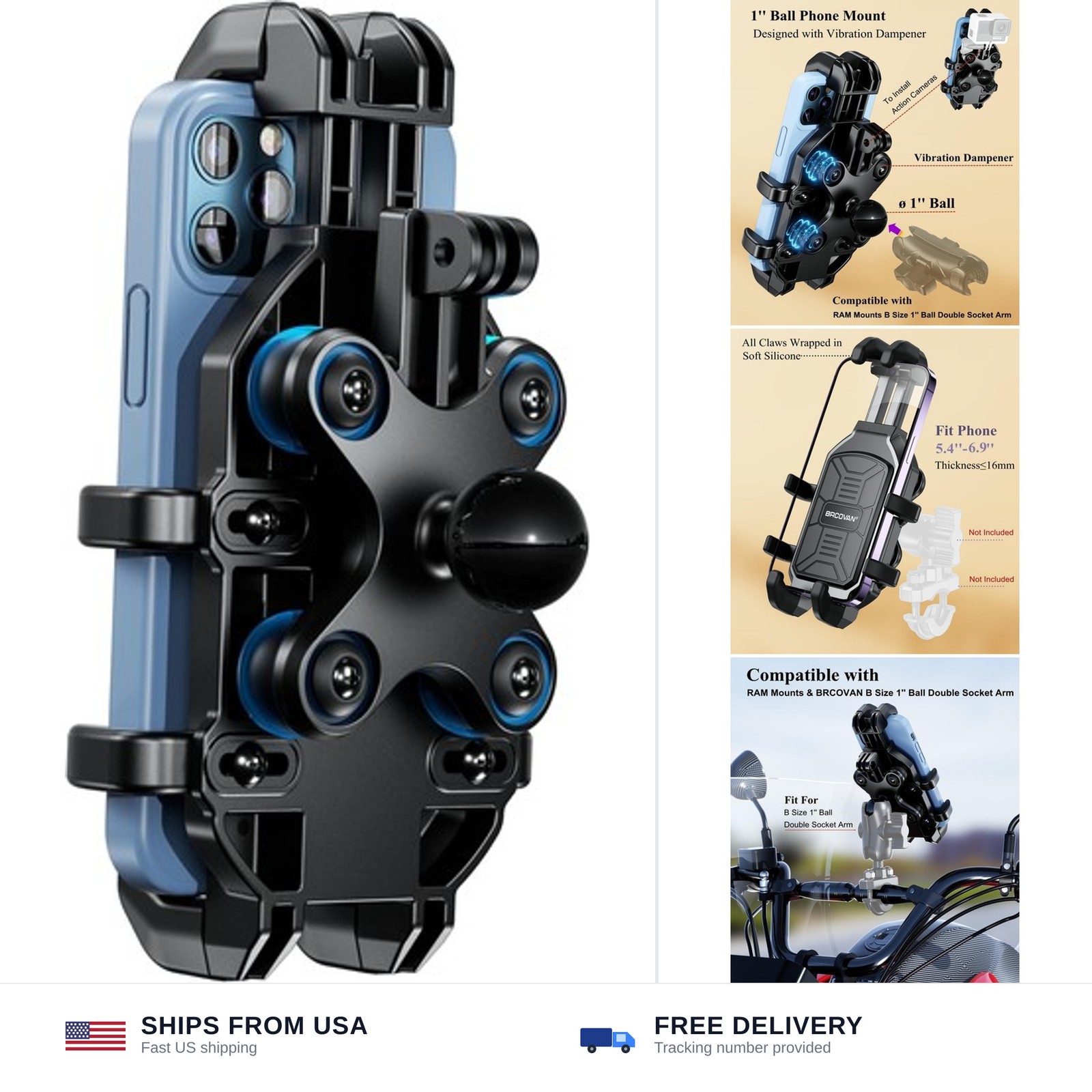 BRCOVAN 1'' Ball Phone Mount Holder with Vibration Dampener, Compatible with ...