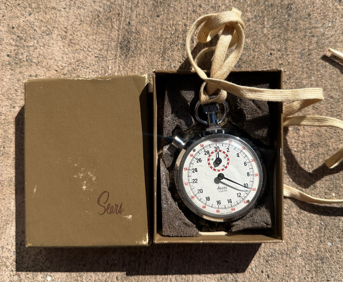 Vintage Stopwatch Great Britain Sears 1/10th - For Repairs or Parts IN BOX
