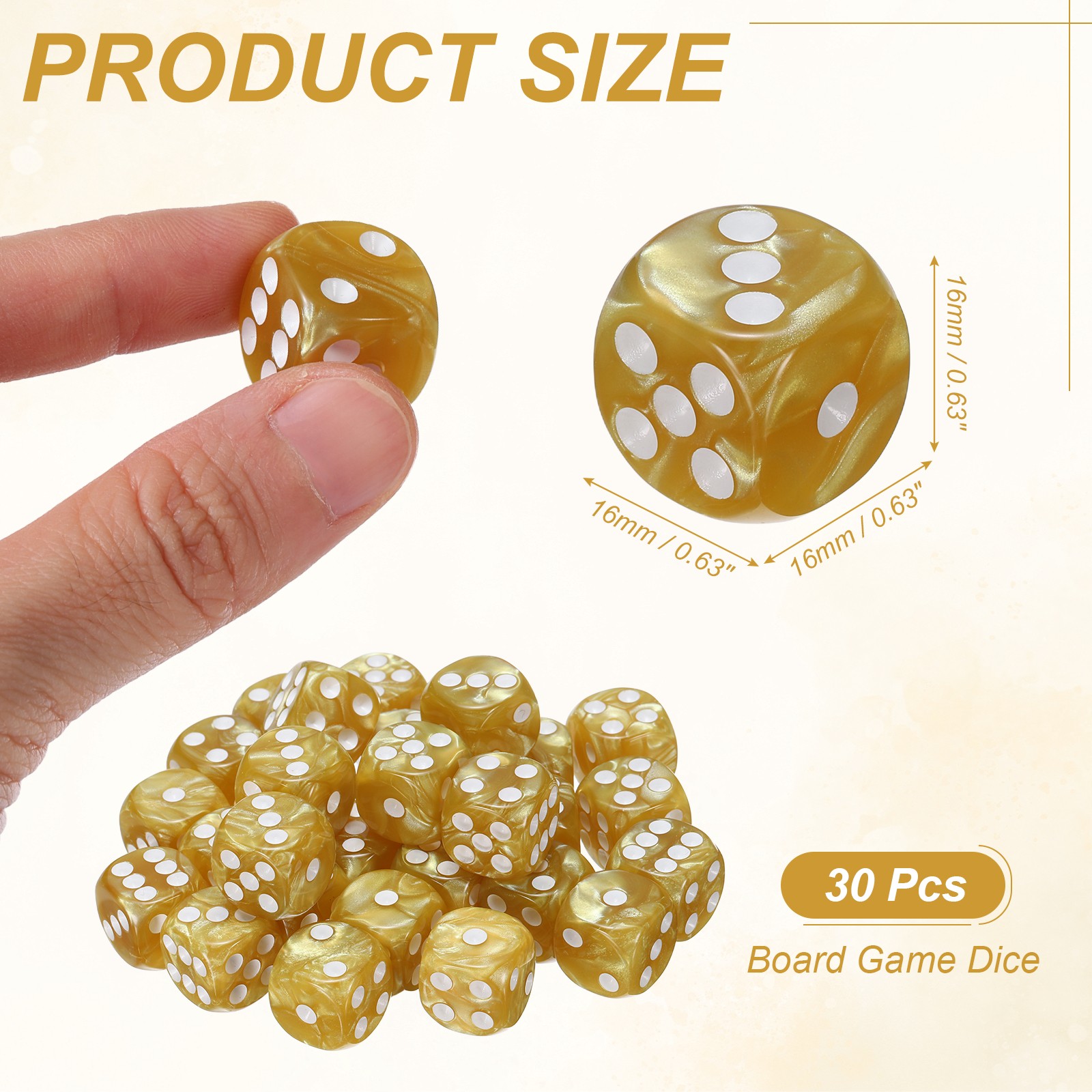 30Pcs Standard Game Dice Set 16mm Pearl Pattern Square Dice, Gold