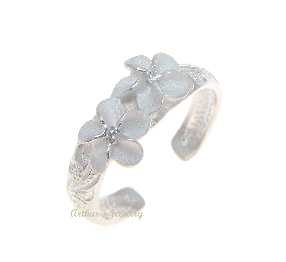 STERLING SILVER 925 HAWAIIAN 2 PLUMERIA FLOWER SCROLL TOE RING WHITE CZ