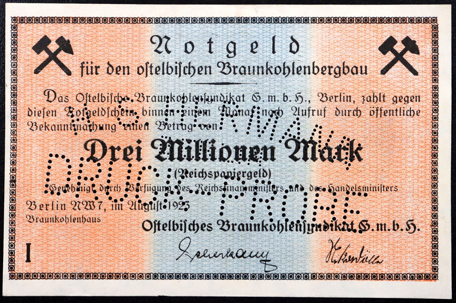 BERLIN 1923 SPECIMEN DRUCKPROBE "Ostelbisches Braunkohlensyndikat" 3 Million Mk
