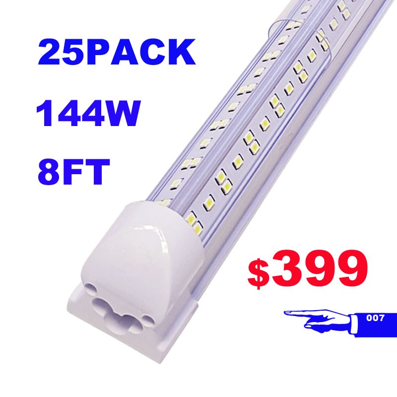 25 Pack 8FT LED Tube Lights 144W 8Foot LED Shop Garage Warehouse Light Fixture