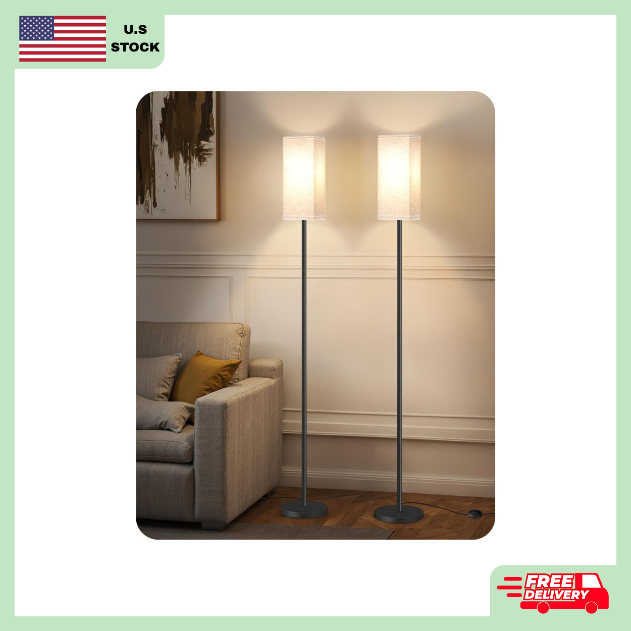 Set of 2 Floor Lamps for Living Room, Modern Tall Standing Lamps with Foot Switc