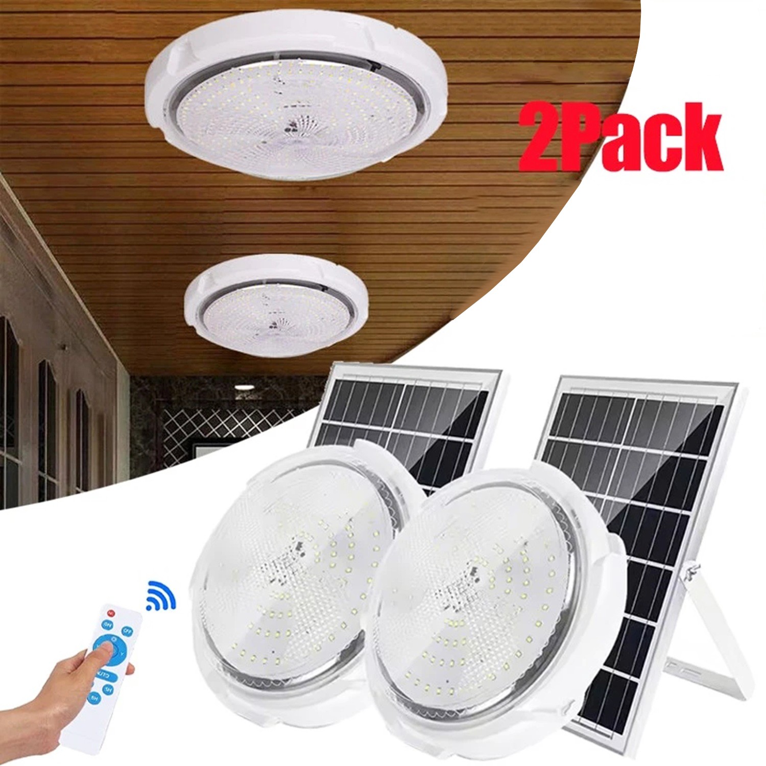 1-2 Outdoor Solar Pendant Ceiling Light LED Indoor Shed Lamp With Remote Control
