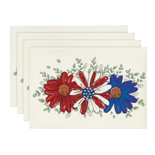 Eucalyptus Daisy 4th of July Placemats Set 12" x 18", Rectangular 4 Pcs Beige