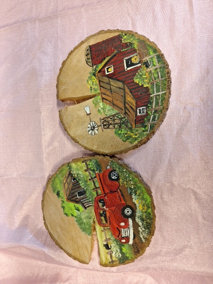 wood carving, hand made, Tractor & barn.