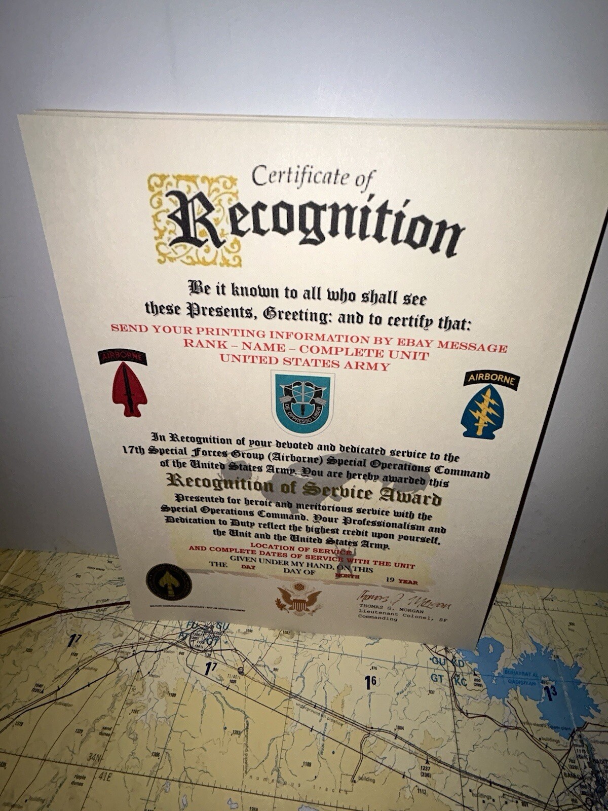 U.S. ARMY - 17TH SPECIAL FORCES GROUP (ABN) RECOGNITION OF SERVICE AWARD