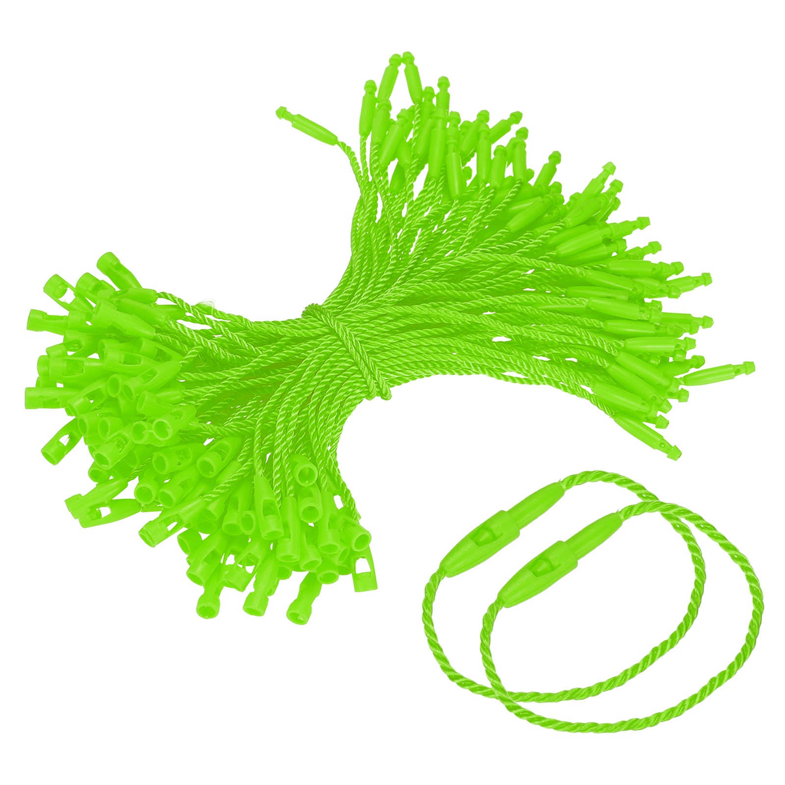 100 Pcs Polyester Hang Tag String 4" Snap Lock Pins Loop Fastener, Bright Green
