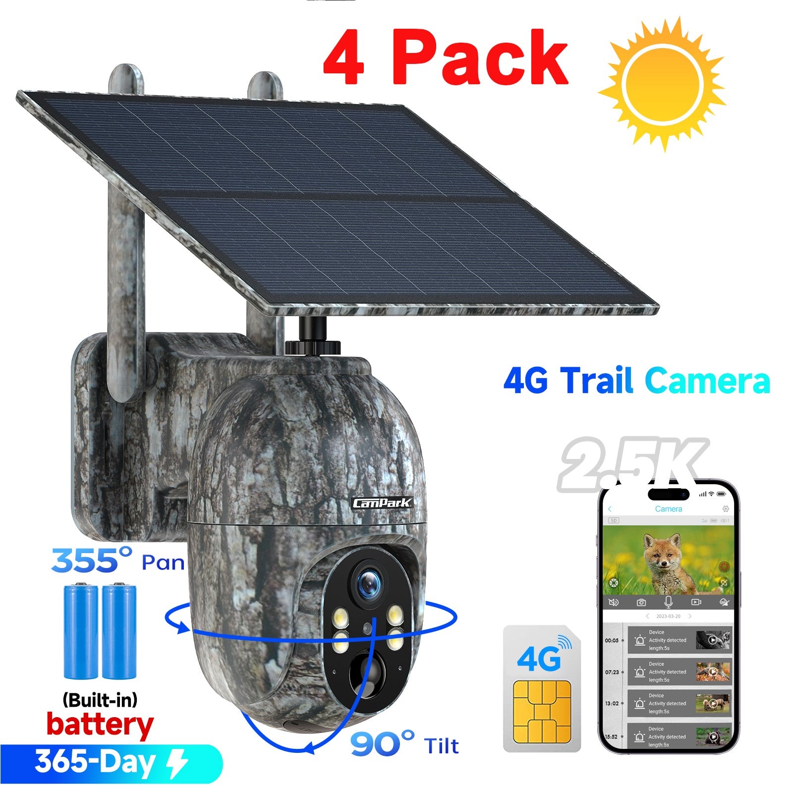 4Pack 1080P 4G LTE Solar 360° PTZ Trail Camera Game IP66 Security Cam SIM Card