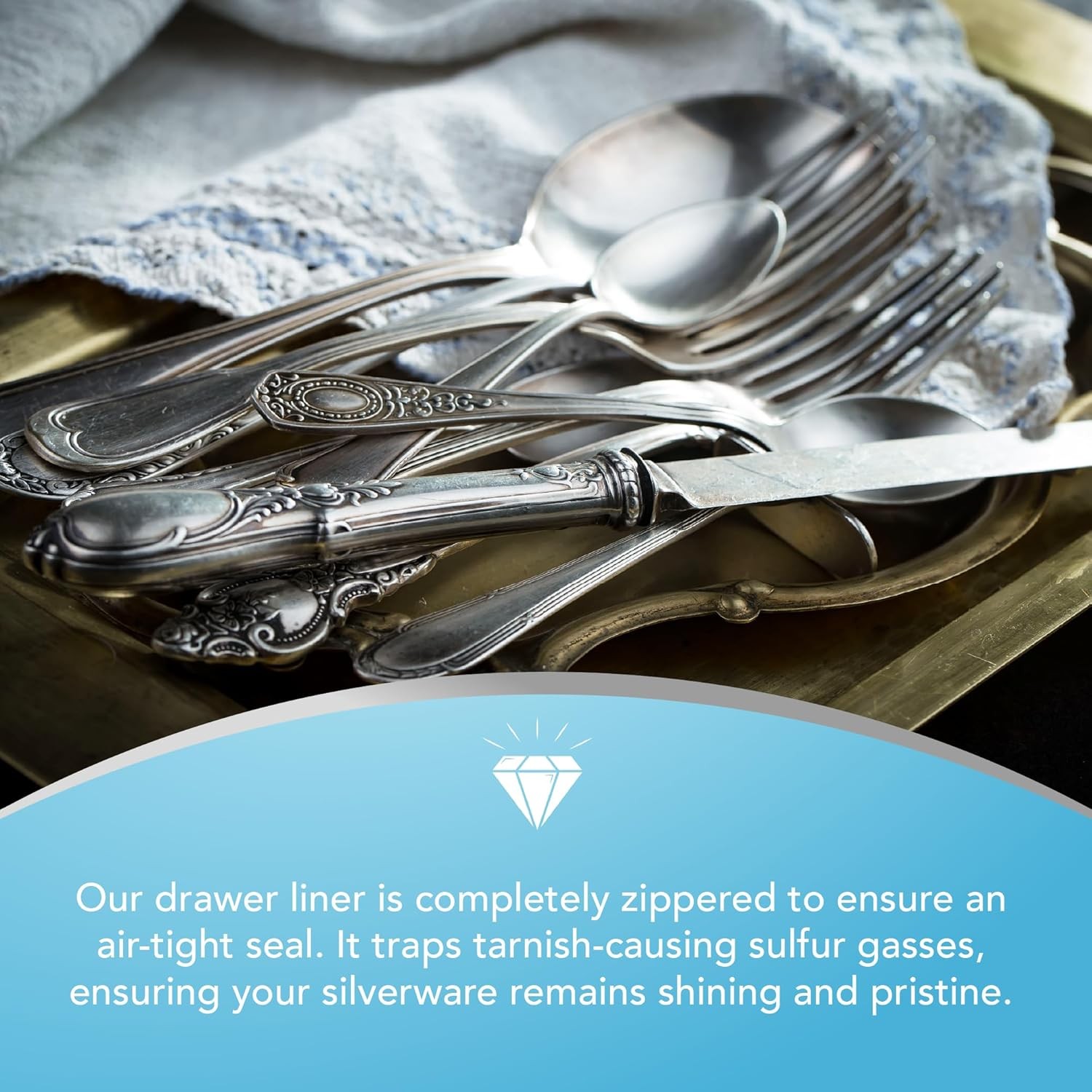 Hagerty Zippered Flatware Storage Drawer Liner –Tarnish Preventative Blue