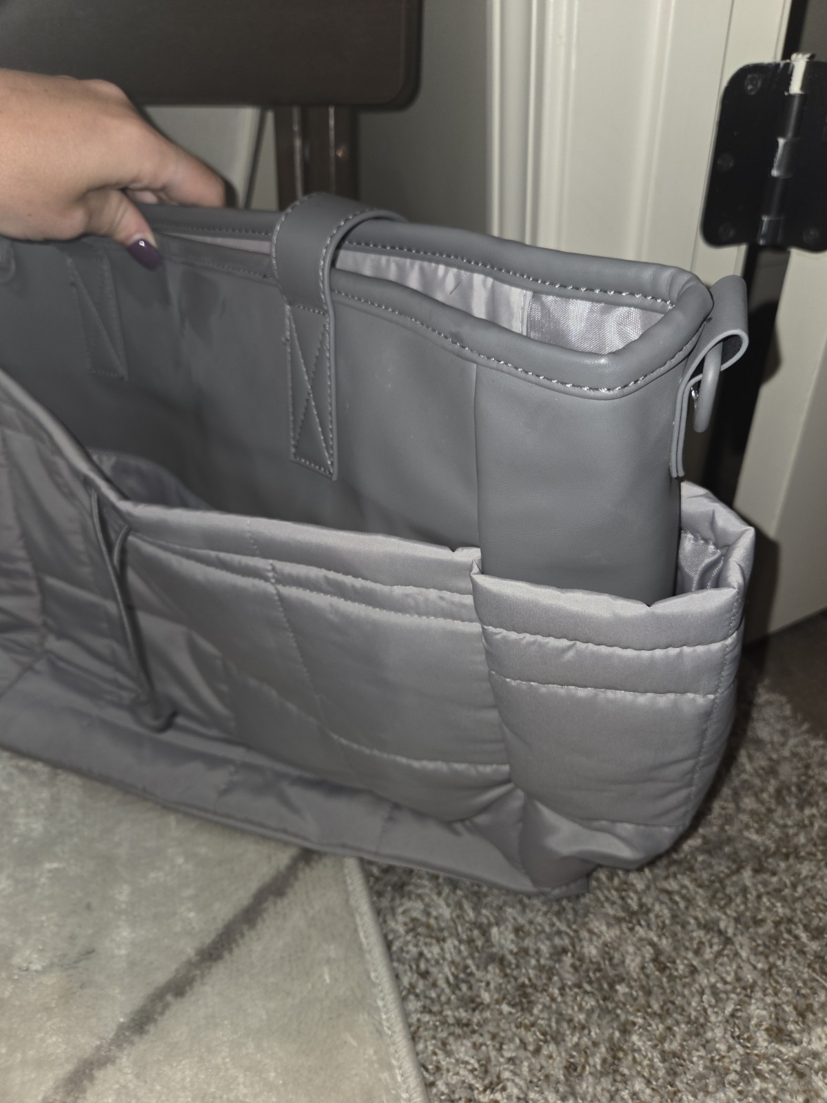 Gray Solid Quilted Laptop Bag Tote with Outer Pockets & Detachable Strap