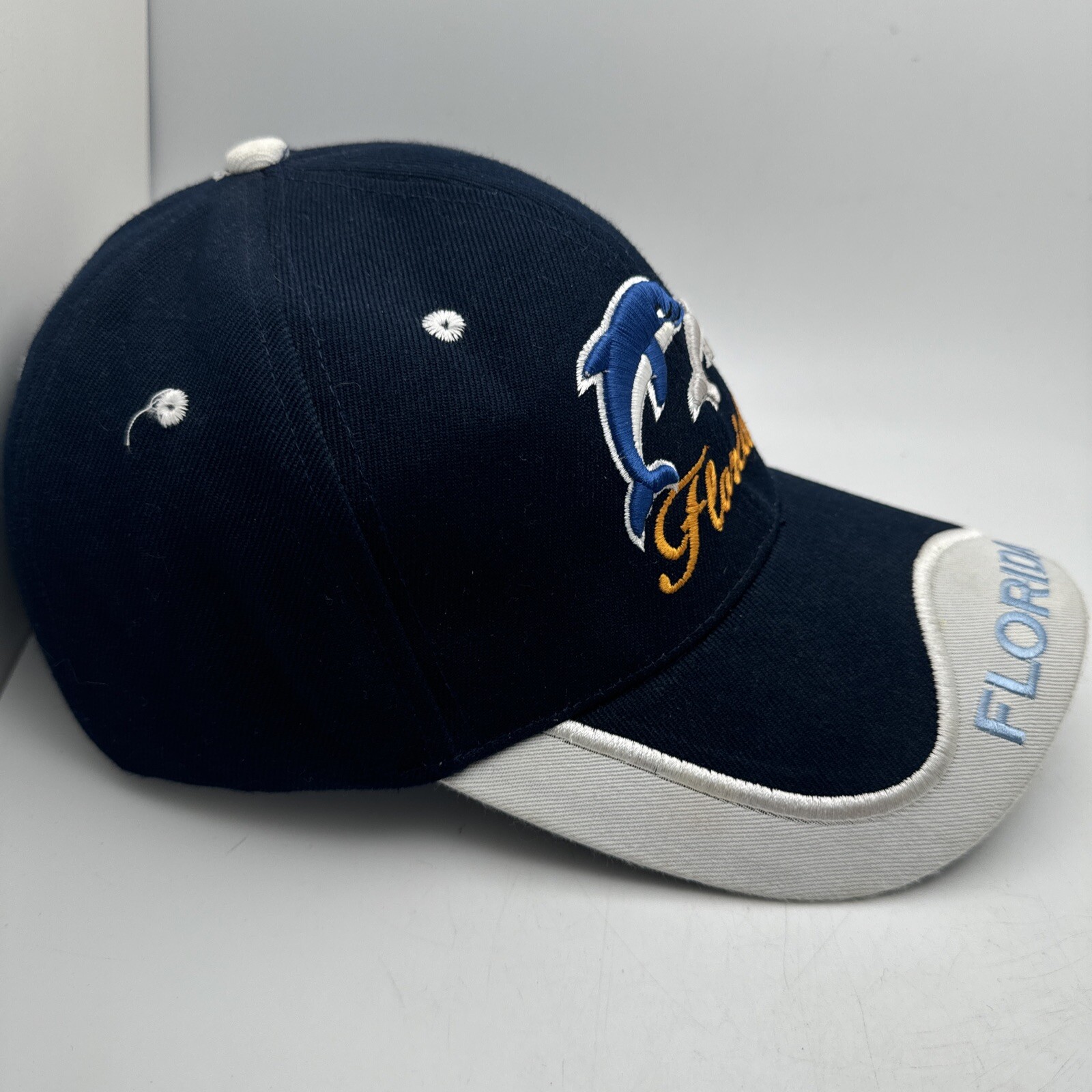 Florida Black with Embroidered Dolphins Hat Cap White on Bill Hook Loop GR68