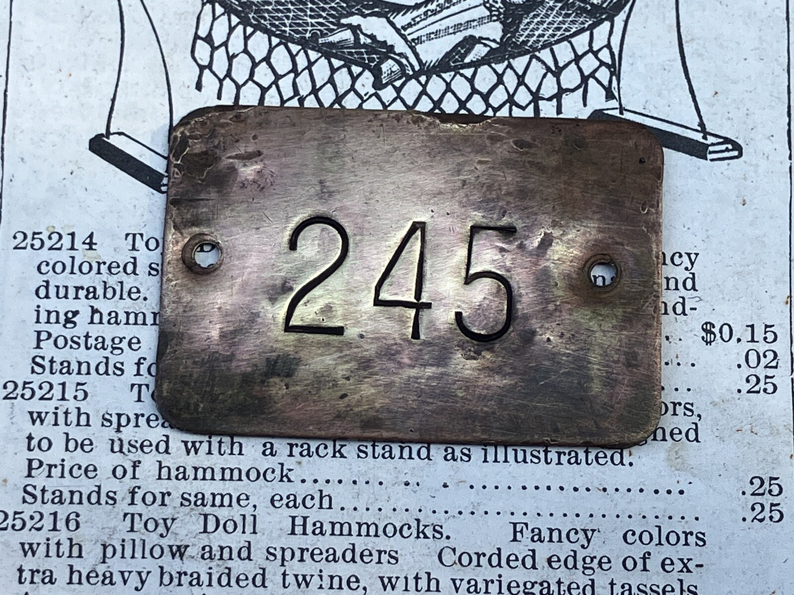Antique Number 245 Tag Brass Metal Fob Vintage Furniture Tag Locker Tag Charm