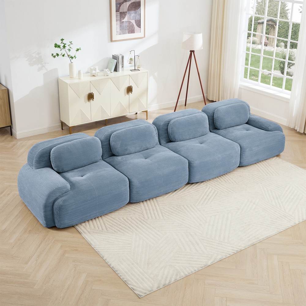 Pet-Friendly 4-Seat Sofa, Blue Corduroy, Ergonomic Design, Easy Assembly