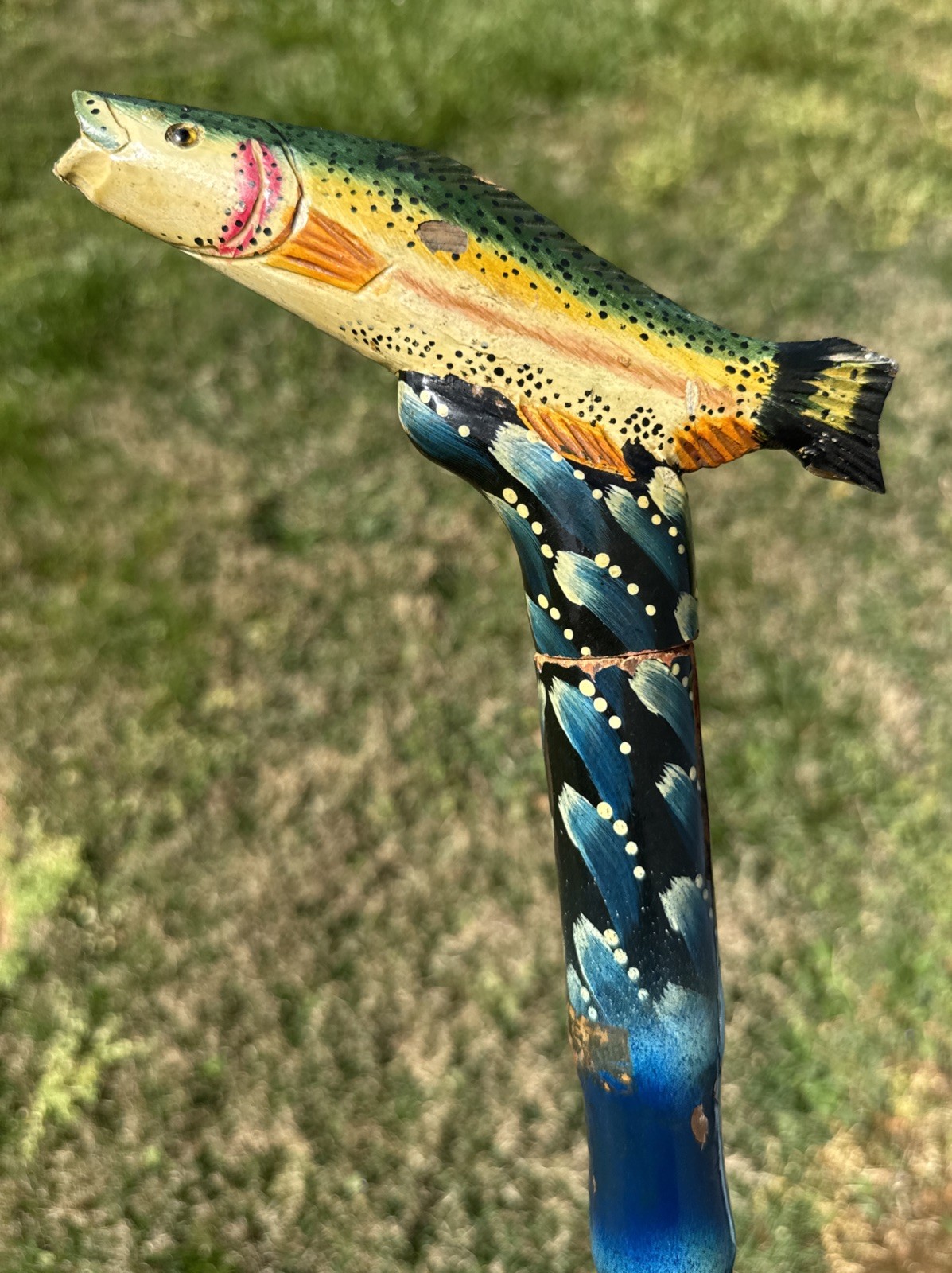 ✨VTG Carved Walking stick Fish Rainbow trout Wood Handmade Fishing 36”✨