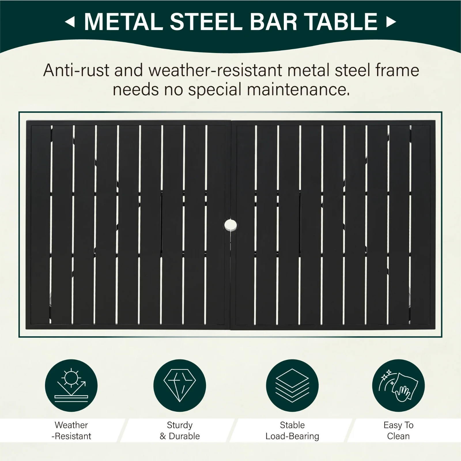 67"Outdoor Rectangular Dining Table Patio Yard Bar Table with 1.97"Umbrella Hole
