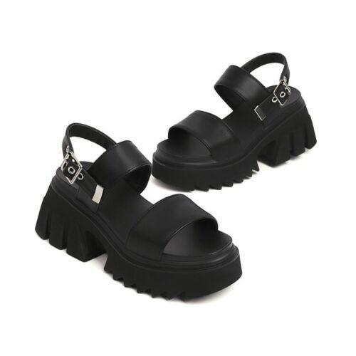 Womens Youth Platform Mid Block Heel Open Toe Slingback Party Punk Sandals Shoes