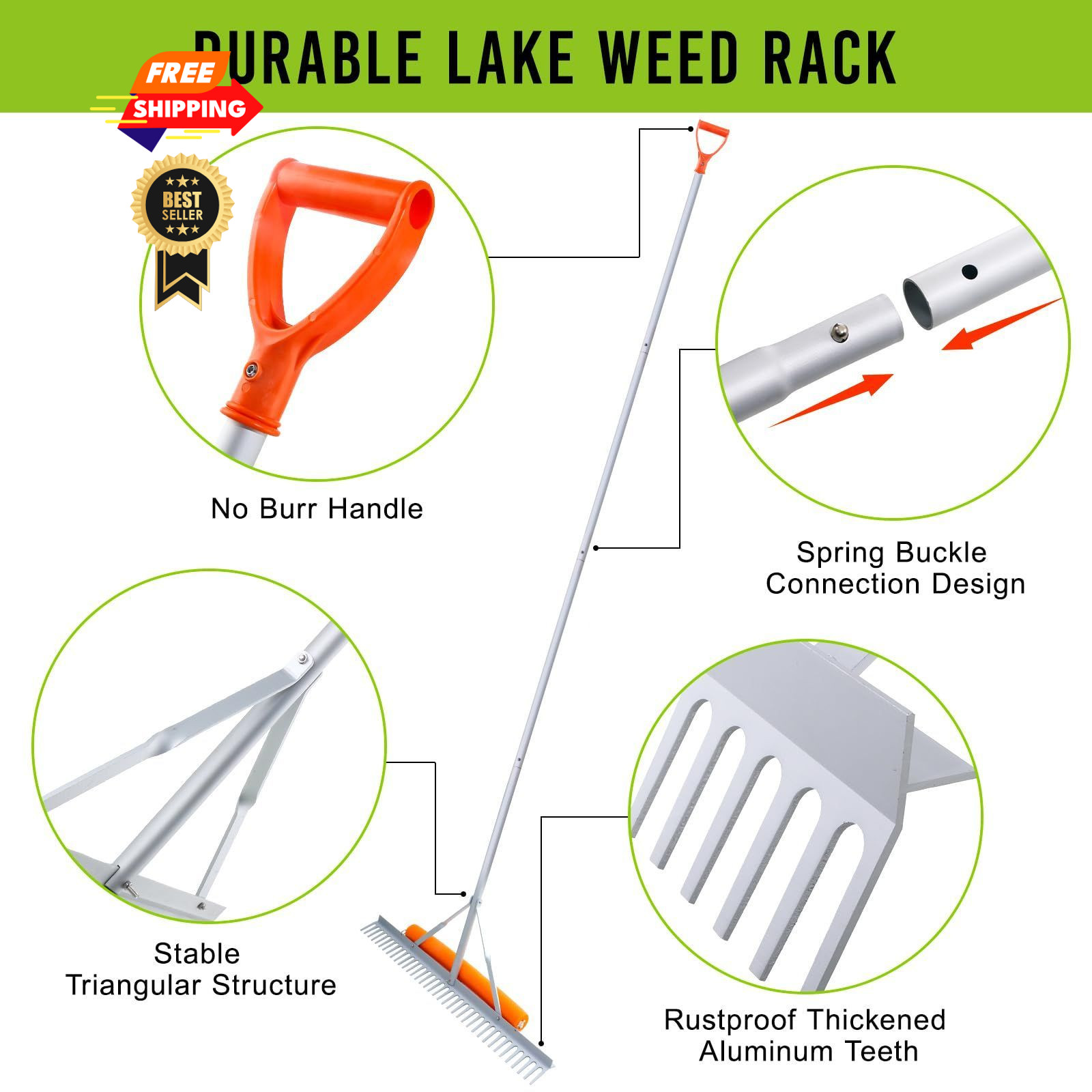 Fumingpal Floating Weed Lake Rake, 36 Inch Widths Pond Rake Aquatic Silver