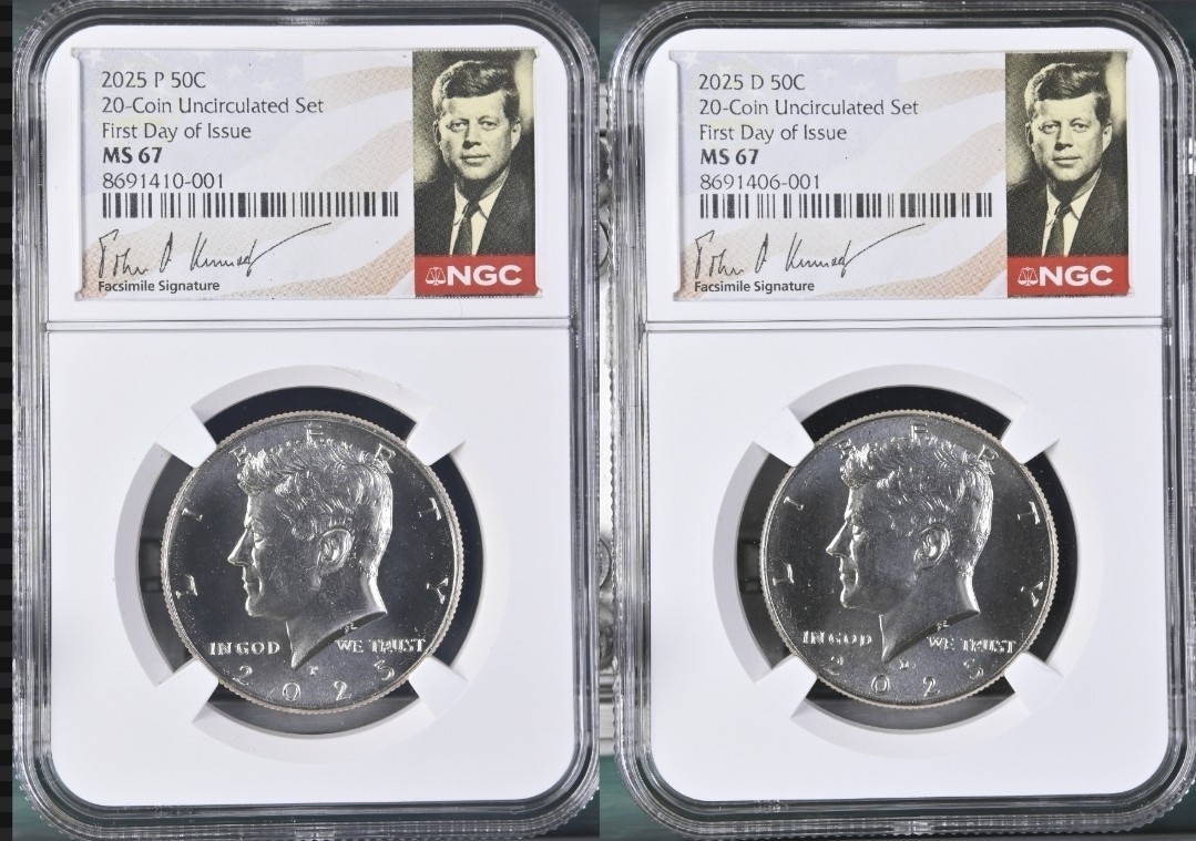 2025 P & D KENNEDY NGC MS67 67 HALF DOLLAR 2 COIN Uncircul SET First Day Issue %