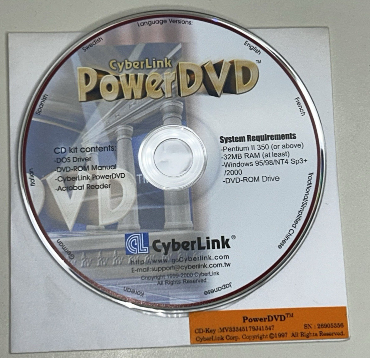 CyberLink Power DVD Disc with Product Key ONLY Vintage Software 1999/2000