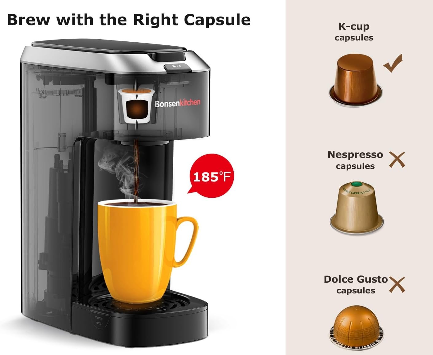 Bonsenkitchen Single Serve Coffee Maker K Cup Pod with 6-14oz Brew Size- 3 Min F
