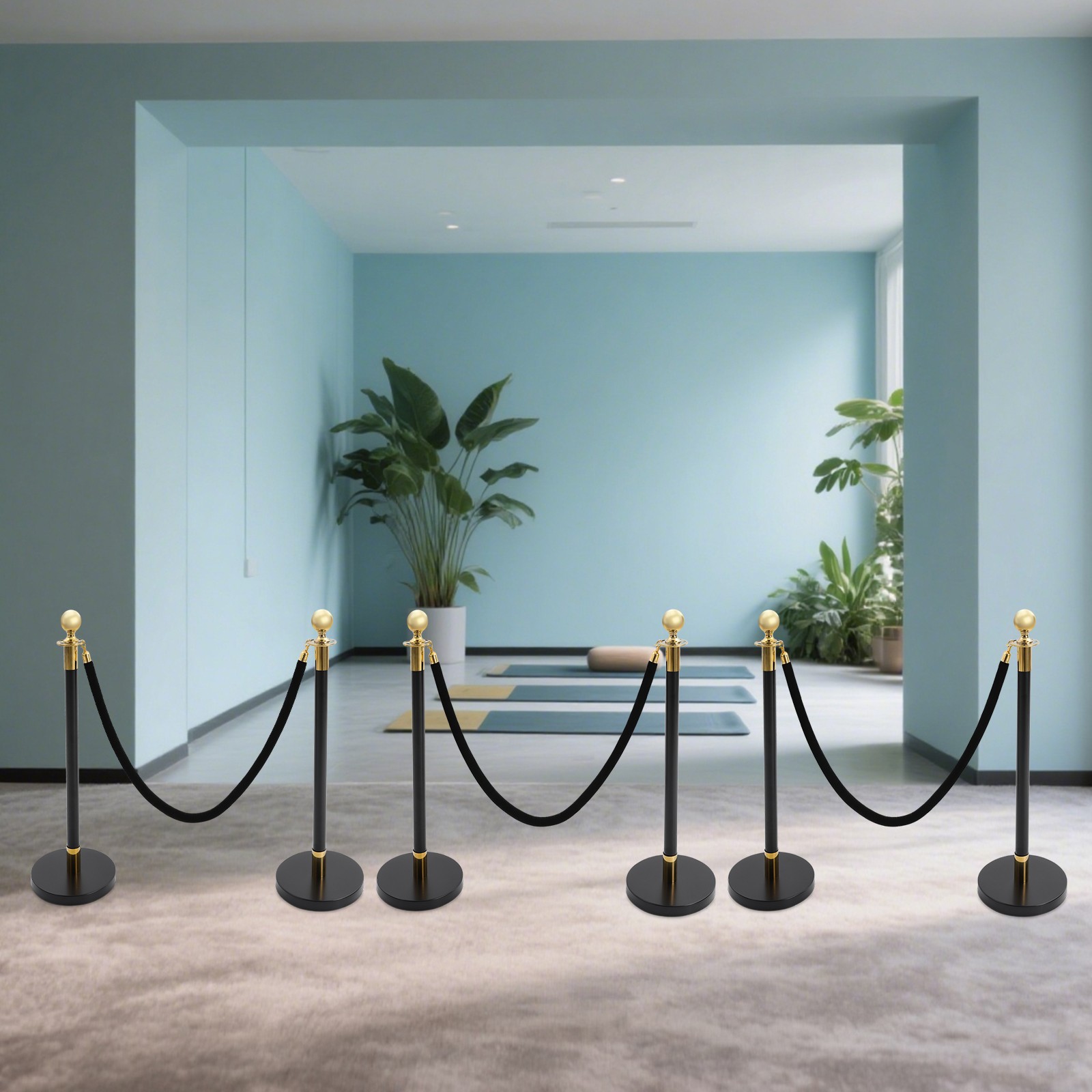 6x Black+Gold Stanchion Posts Queue Pole with 4*1.5m Ropes Crowd Control Barrier