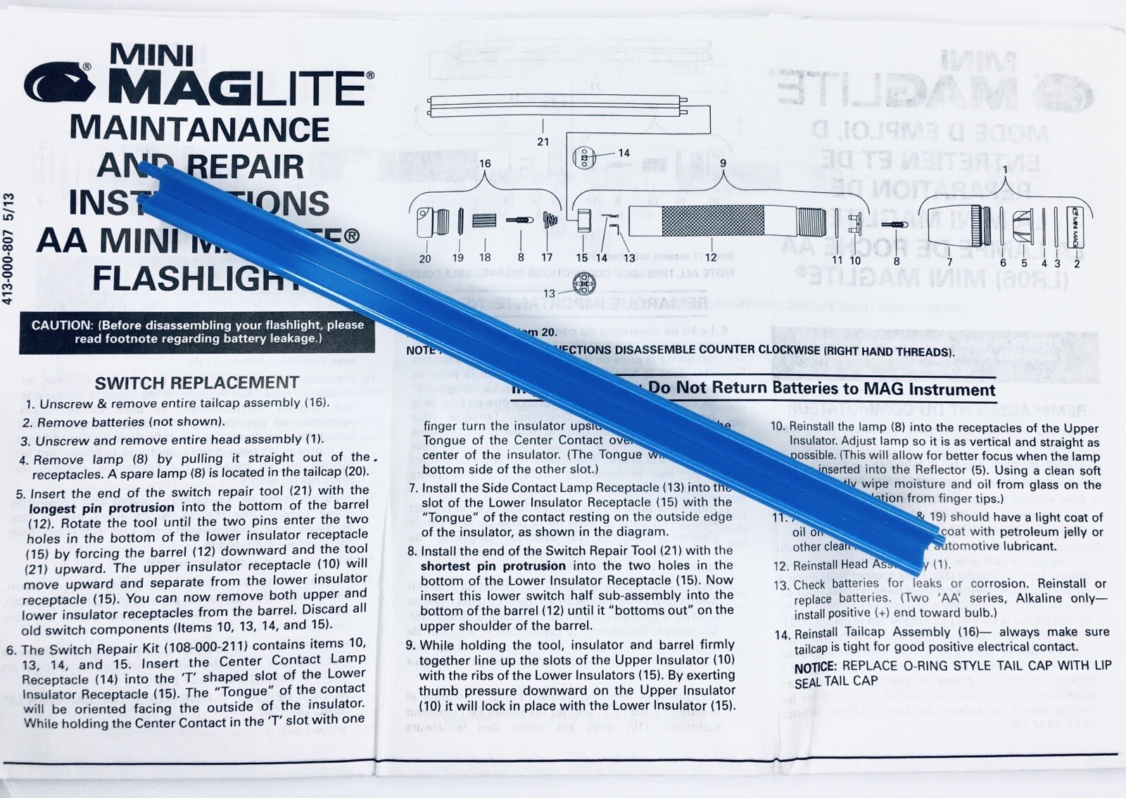 AA Mini Maglite Switch Installation Tool / Tool Only