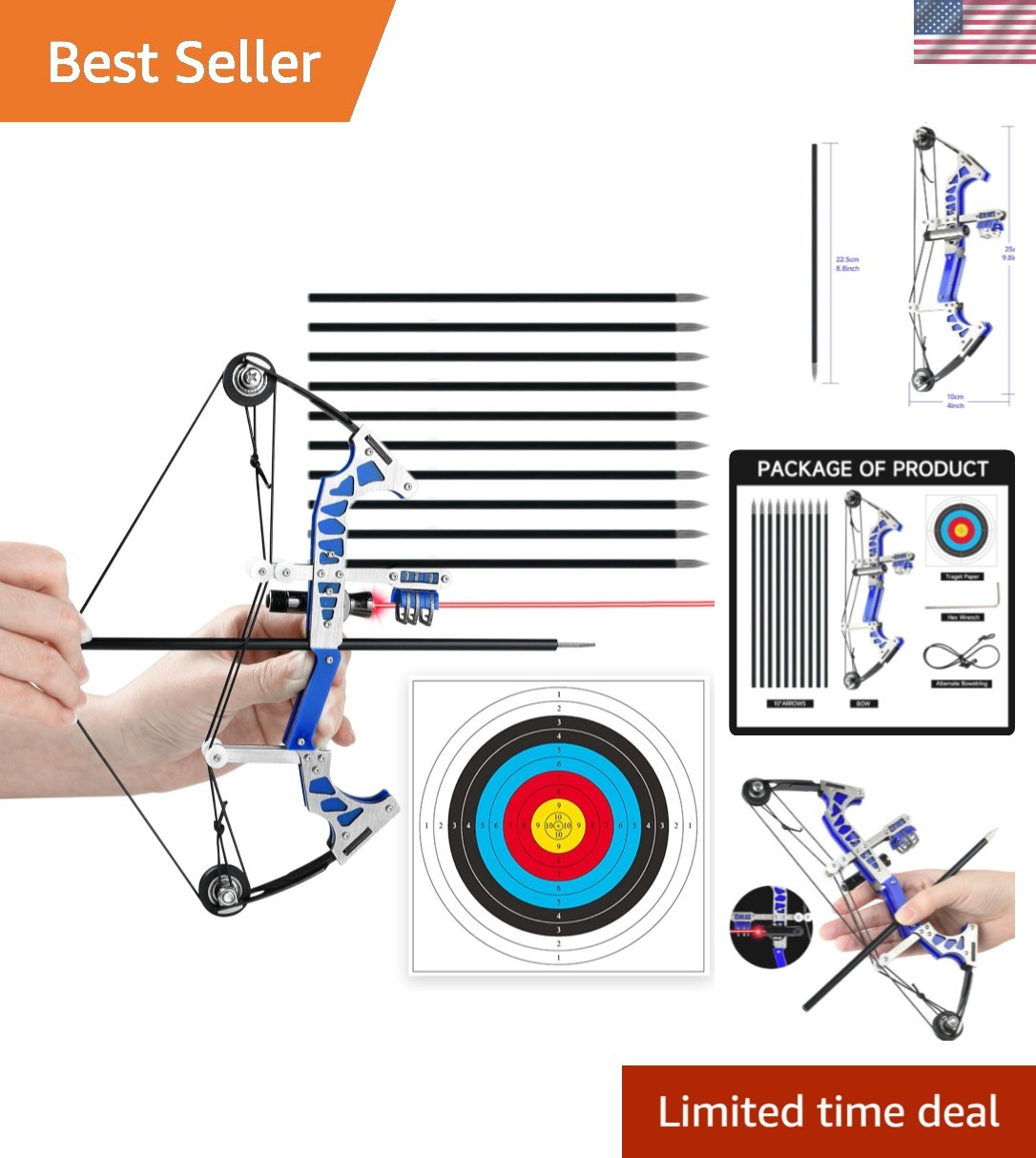 Ergonomic Laser Assist Compound Bow - Ambidextrous, 10 Arrows & Target Included