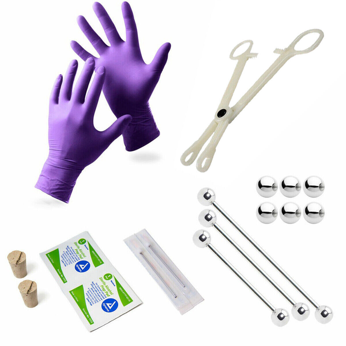 Industrial Piercing Kit  3 Barbells, Corks, Needles, Gloves, Forceps.