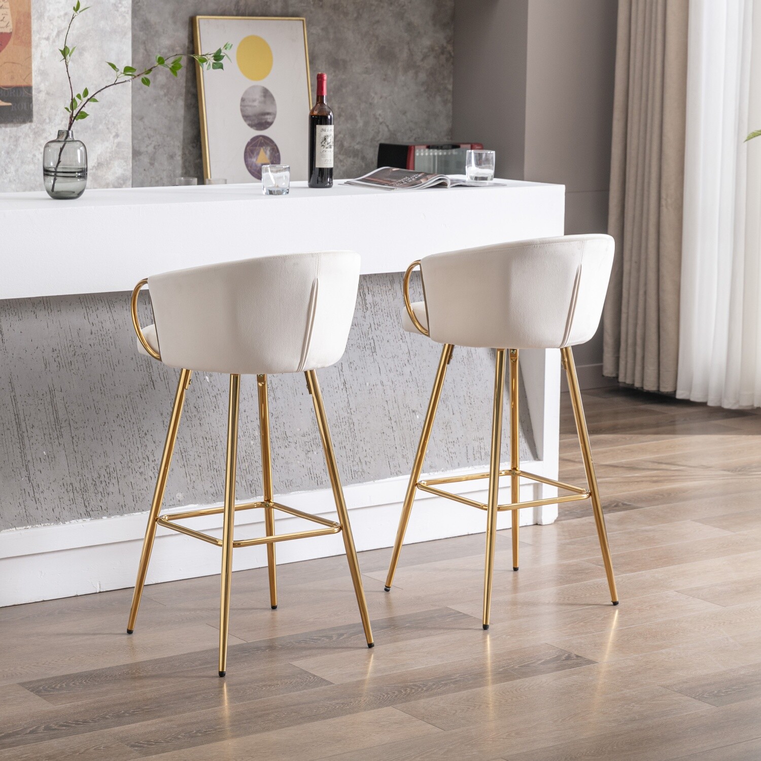 Set of 2 Bar Stools Counter Height Adjustable Bar Chair with Footrest Cream/Gray