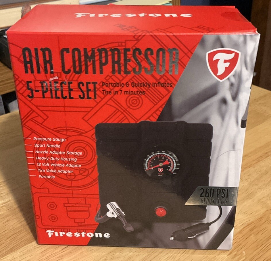 Firestone 5 Piece Air Compressor Set 260 PSI Portable Car Lighter Powered - NIB