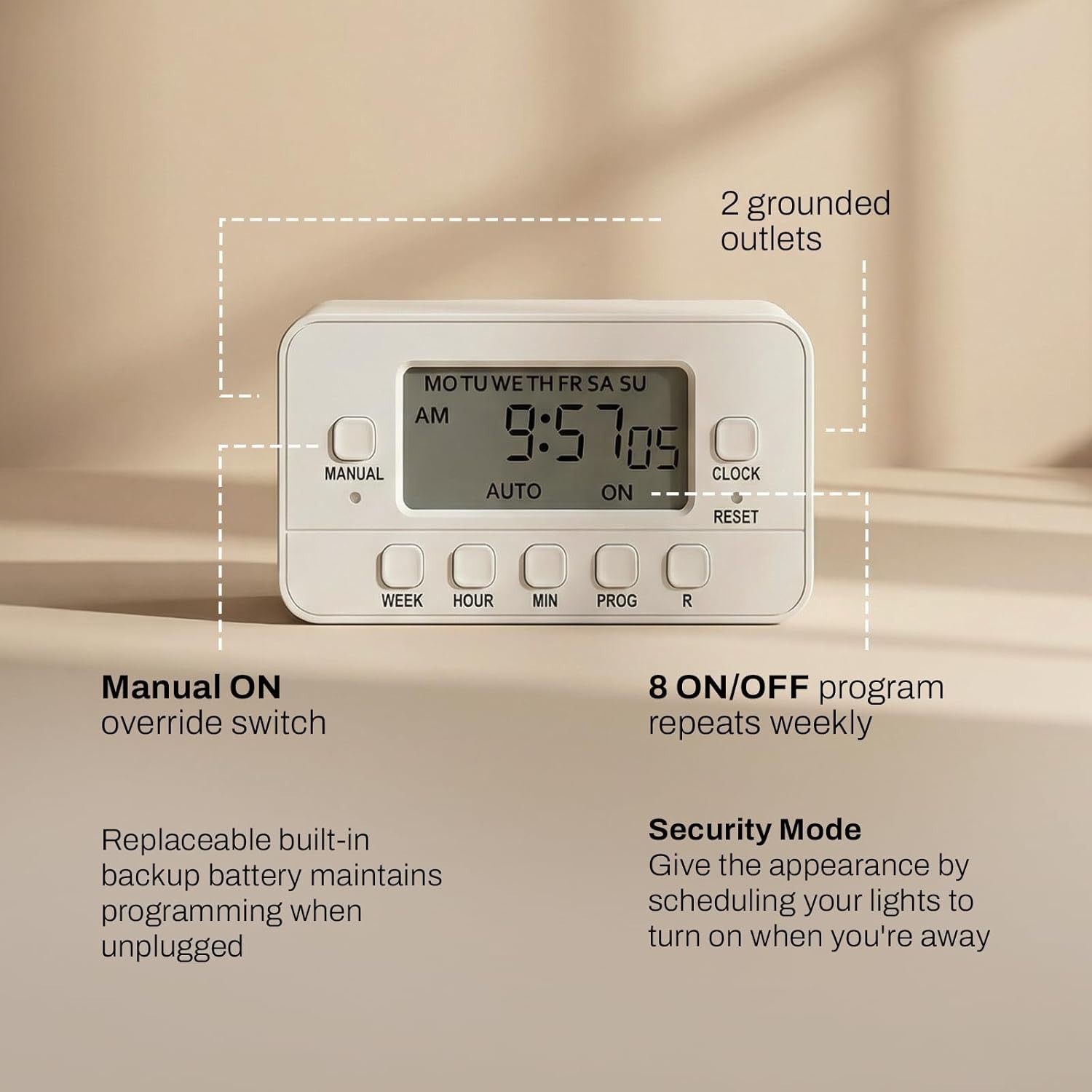 STANLEY 2-Outlet Weekly Digital Timer, Easy Set, Built-In Backup Battery