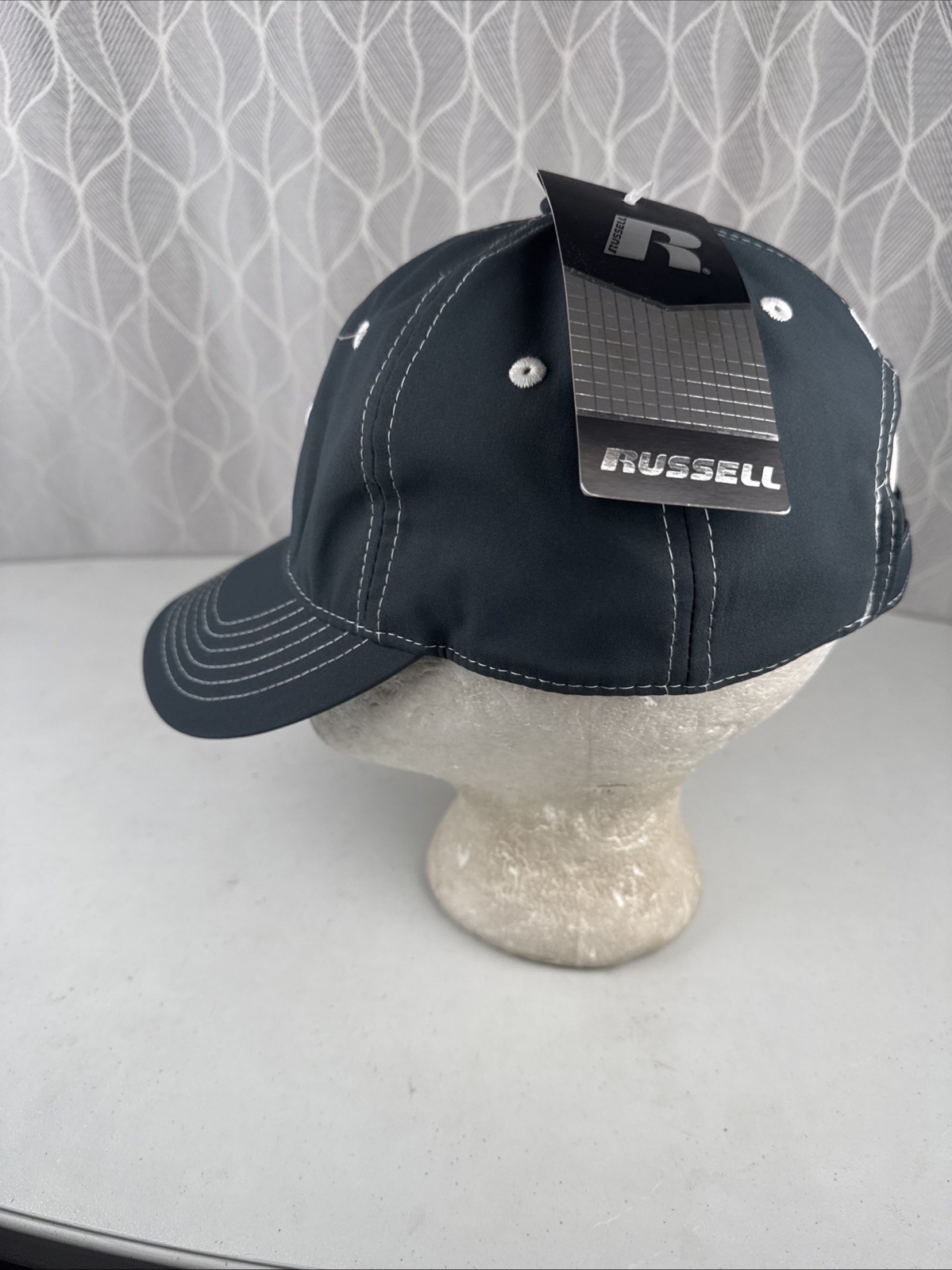 Russell R White Shiny on Gray Blue Hat Cap S/M Hook Loop NWT