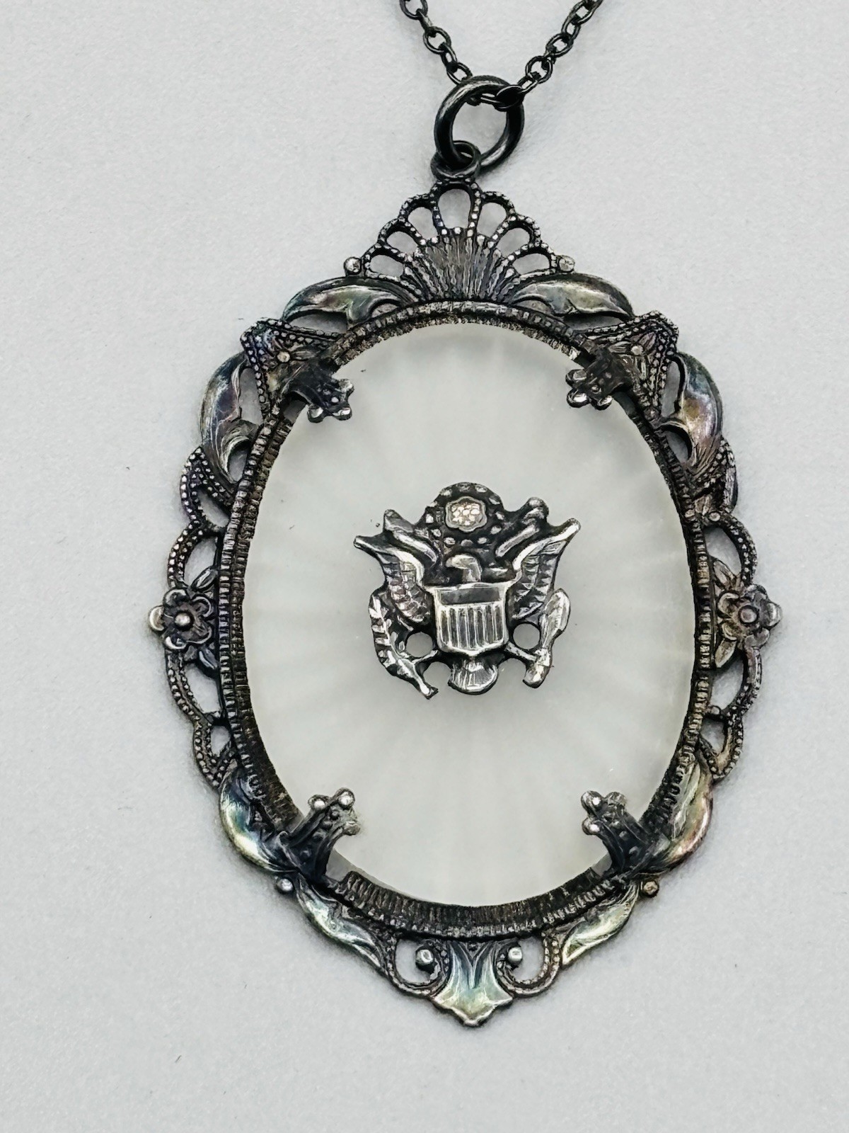WWII US Army Sterling Silver Camphor Glass Sweetheart Pendant Necklace TONING