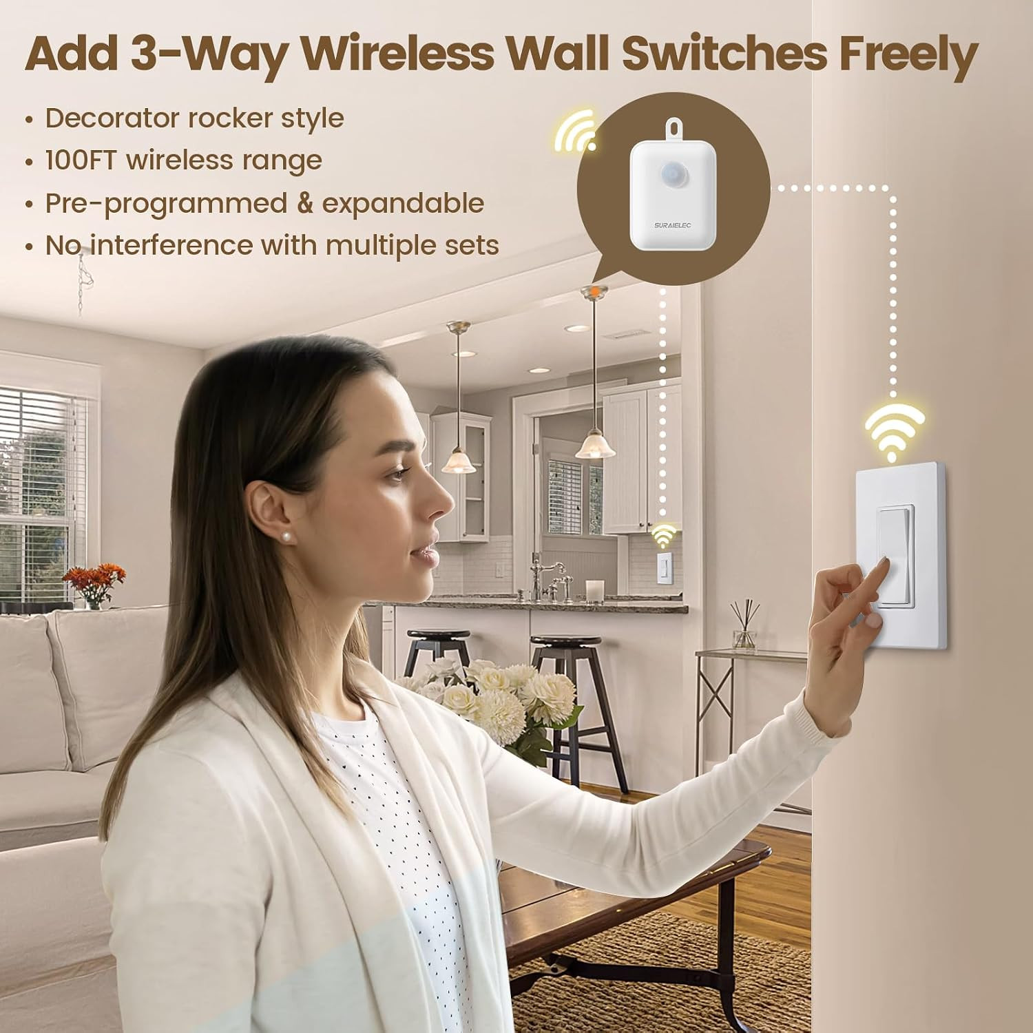 3 Way Wireless Light Switch and Receiver Kit, Push-In Terminal | Ultra-Thin Desi