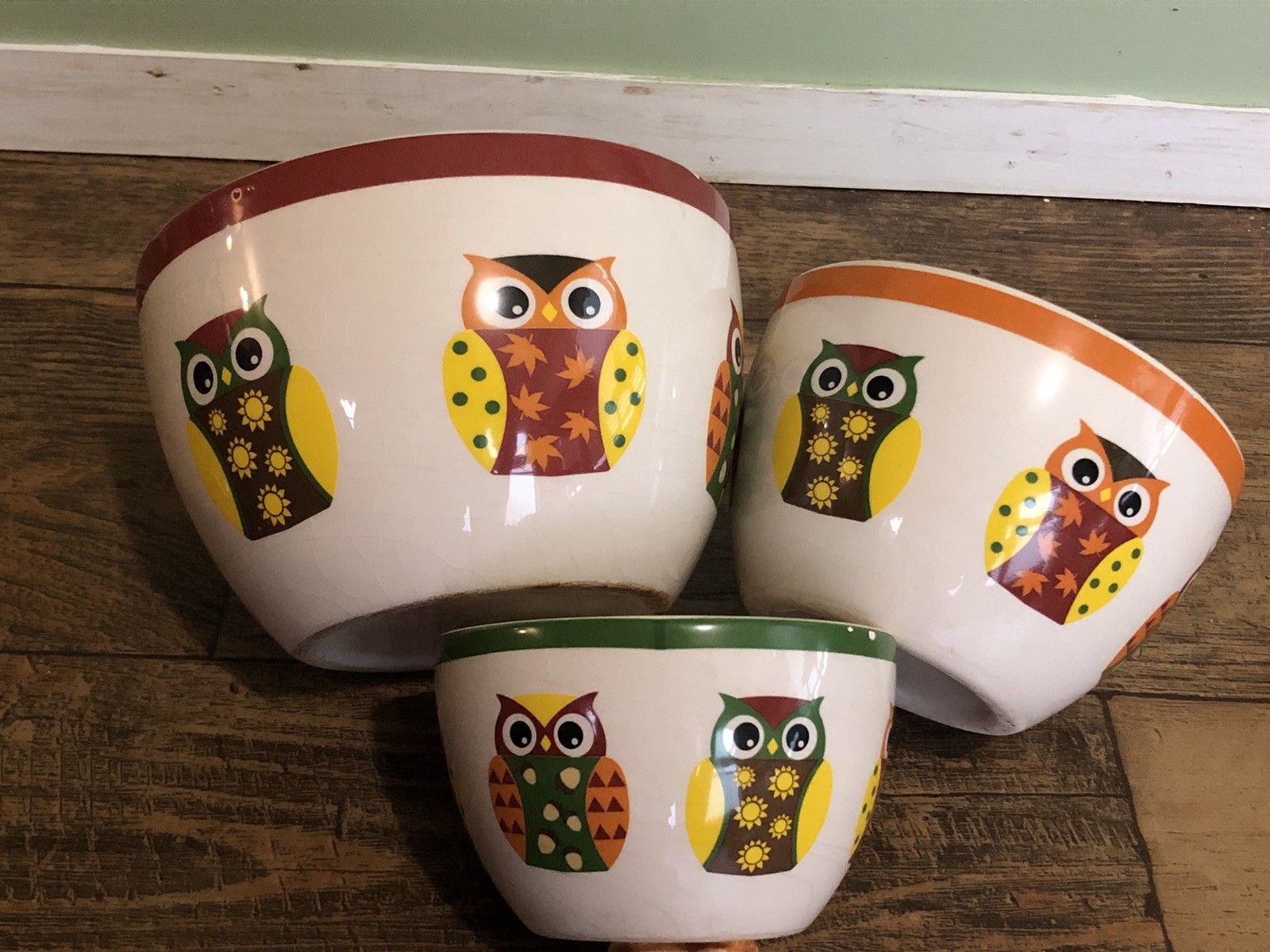 MCM Owl Nesting Bowls Set Of 3 Multicolor Stoneware Ceramic Retro Birds