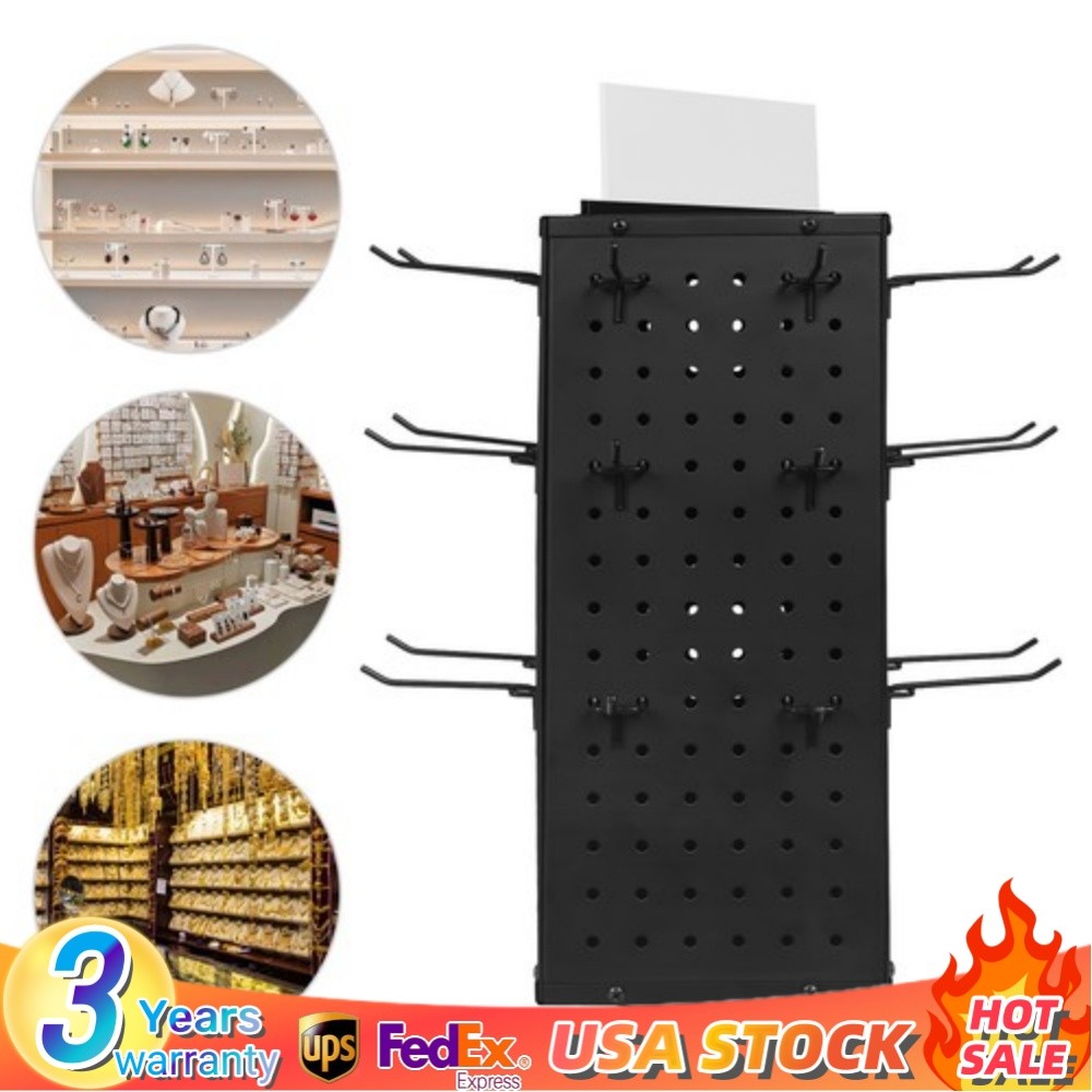 Rotating Pegboard Display Stand with 24 Hooks - 4-Sided Metal Spinning Peg Board