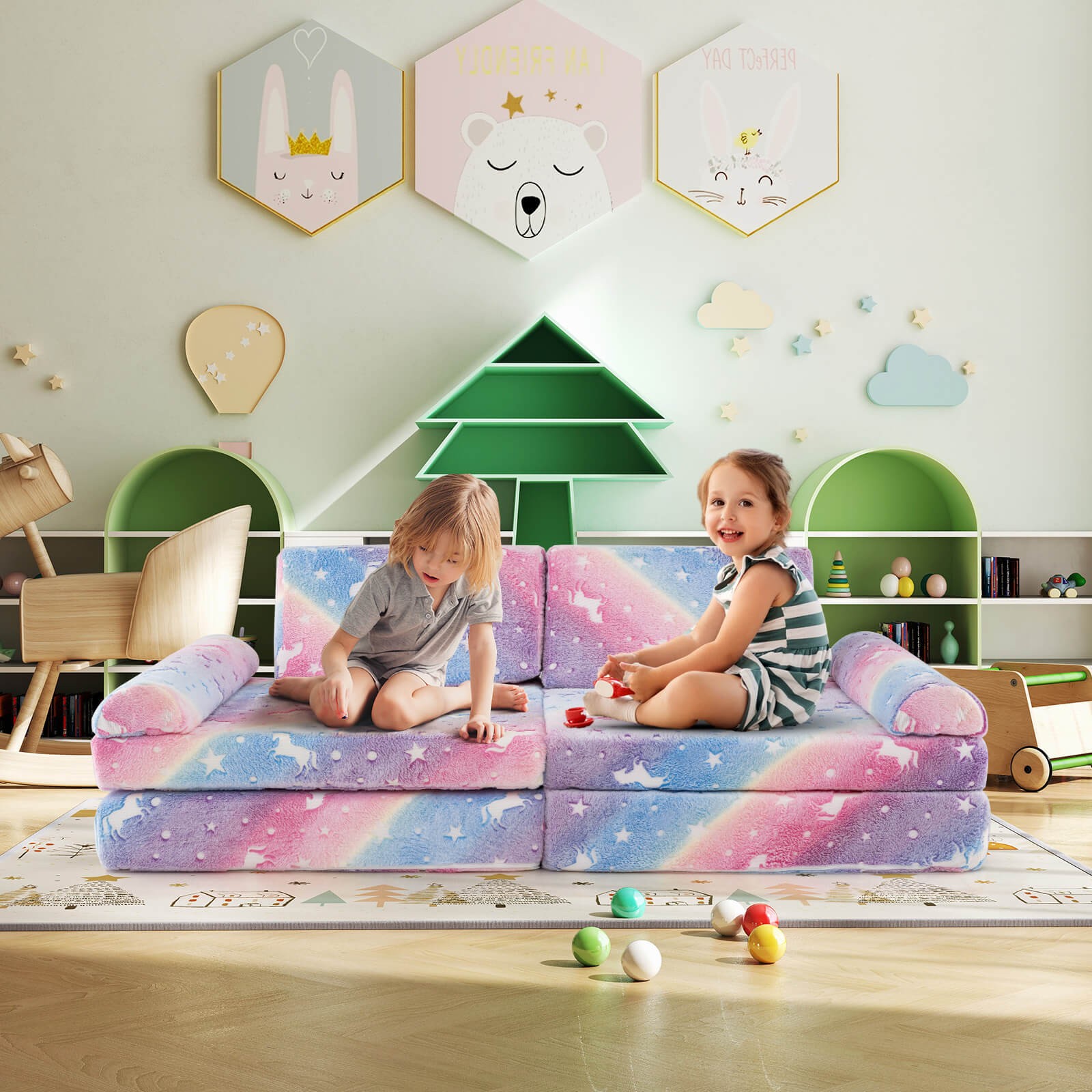8PCS Modular Kids Play Couch w/Handles Machine Washable Covers for Building Fort