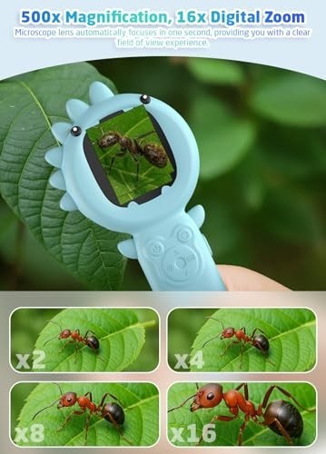 Kids Microscope Camera, 500X Handheld 2" IPS Screen, Blue Dinosaur | 2-in-1...