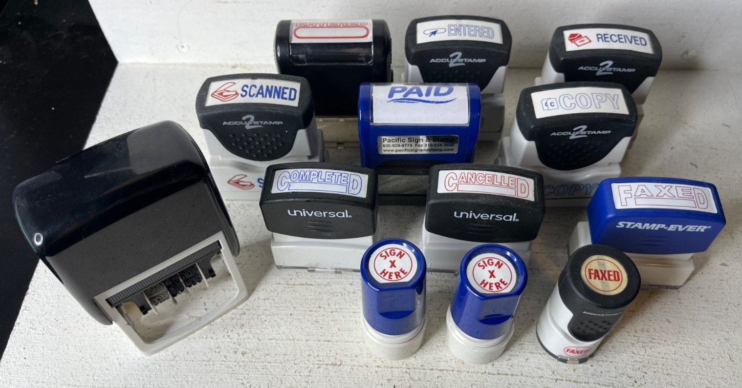 Lot of 14 Self-Inking Office Stamps Paid Copy Faxed Date Etc.