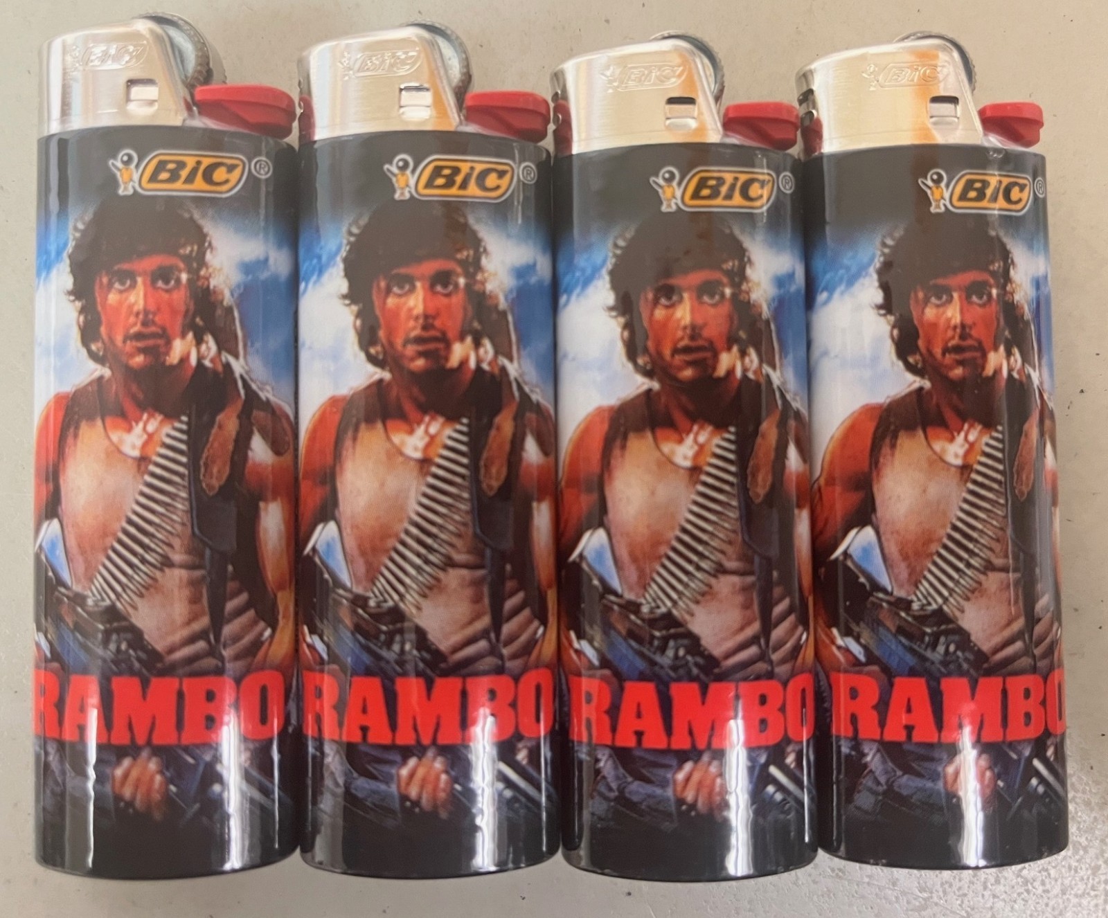 4pc FULL SET SIZE CLASSIC MOVIES COLLECTION RAMBO BIC LIGHTERS stallone liq